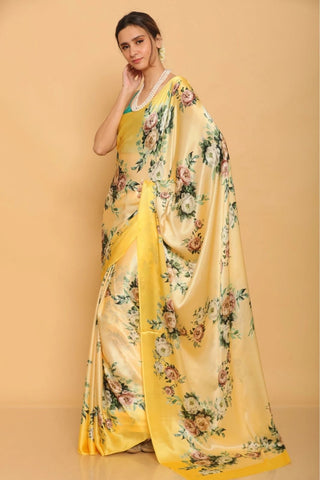 Yellow japan satin printed saree for women