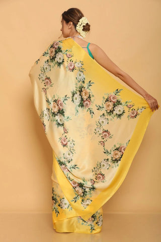 Yellow japan satin printed saree images