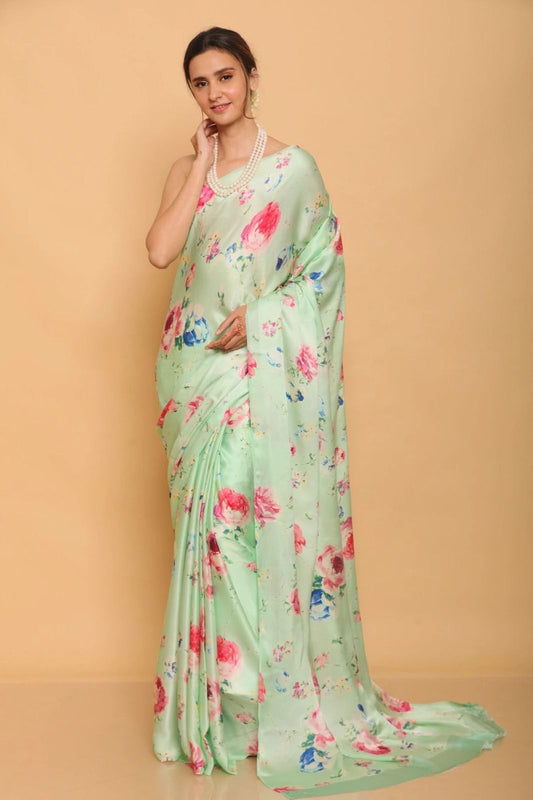 Light green satin saree for women
