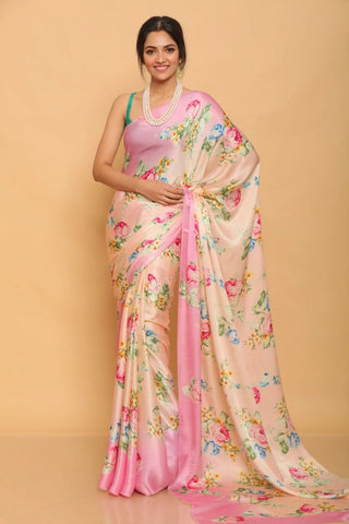 Light Pink color japan satin printed saree for women