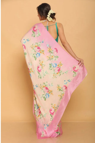 Light Pink color japan satin floral printed saree for party