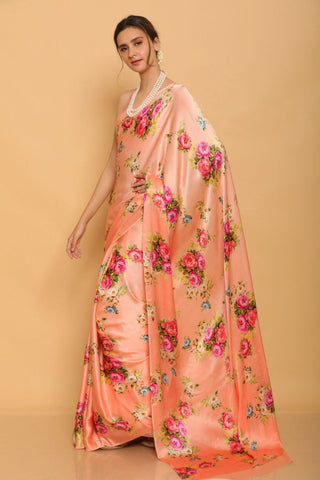 Fashionable Peach Japan Satin Floral Printed Saree For Office Wear