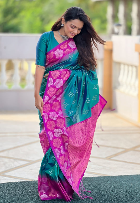 Pure teal green color soft silk saree for women
