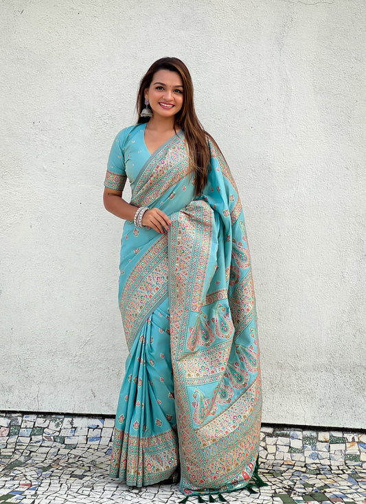 Sky color soft silk saree for women with price
