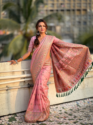 Plain pink color soft silk saree for women
