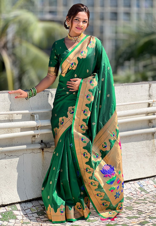 Pure dark green paithani silk saree for women
