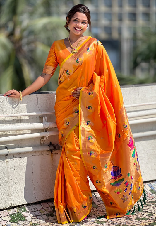Orange paithani silk saree for women with price
