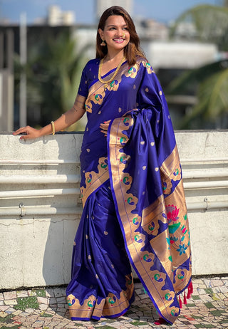 Dark blue color paithani silk saree for women
