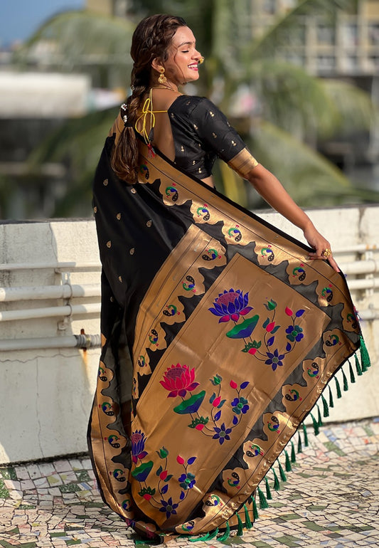 Black color paithani silk saree for women online shopping
