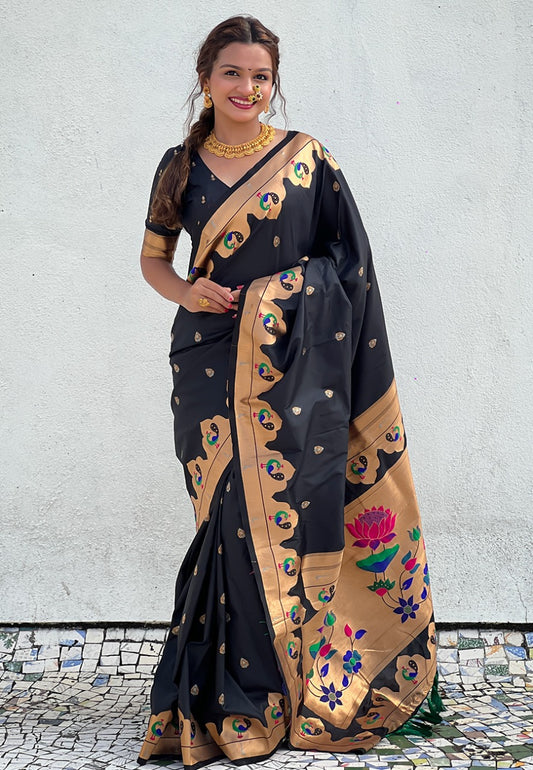 Black color paithani silk saree for women with price
