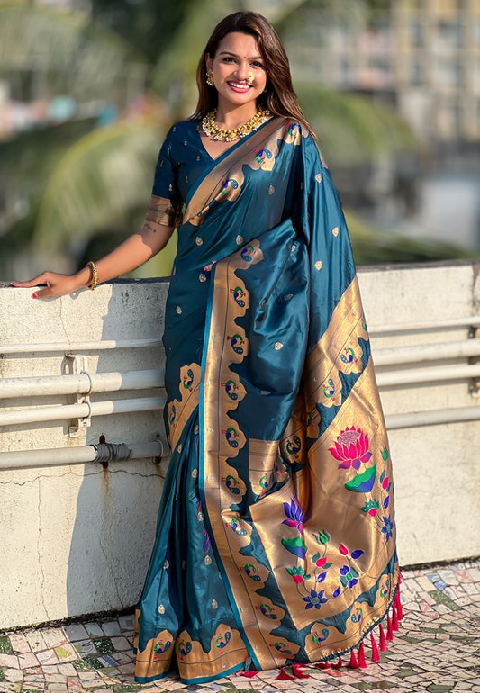 Pure teal blue color paithani silk saree for women
