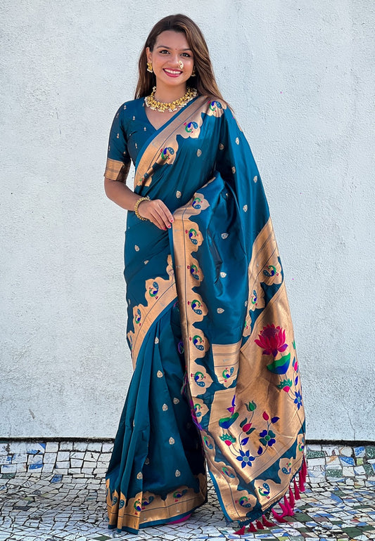 Teal blue color paithani silk saree for women price
