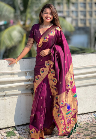 Wine color paithani silk saree for women price
