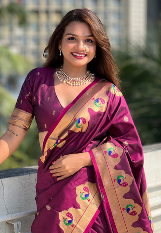 Wine color paithani silk saree for women online
