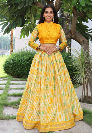 Yellow color tussar silk lehenga choli with online price