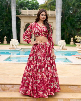 Party wear Maroon color lehenga with blouse images