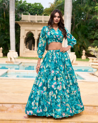 Teal blue color lehenga choli with blouse