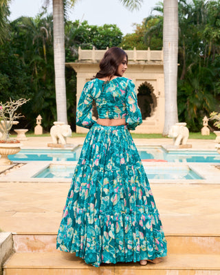 Party wear Teal blue color lehenga choli with blouse images