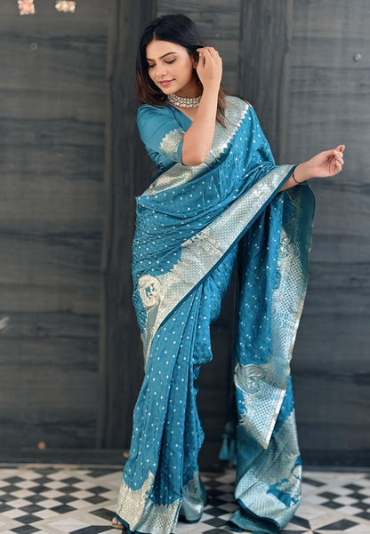 Teal blue color banarasi silk saree for women price
