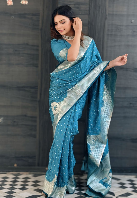 Teal blue color banarasi silk saree for women price
