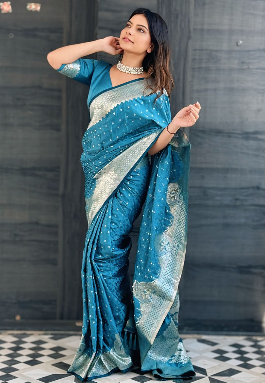 Teal Blue Banarasi Saree for wedding
