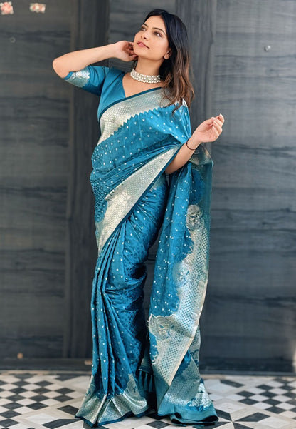 Teal Blue Banarasi Saree for wedding
