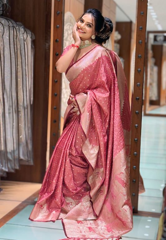 Pure peach color banarasi silk saree for women
