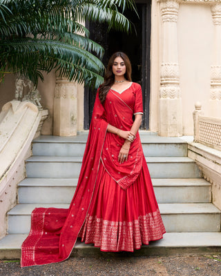 Red color chanderi lehenga choli for women online shopping
