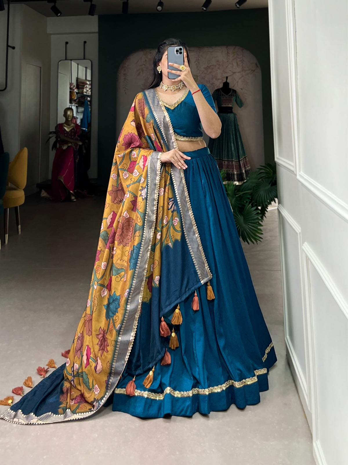 Blue color chinon silk lehenga choli