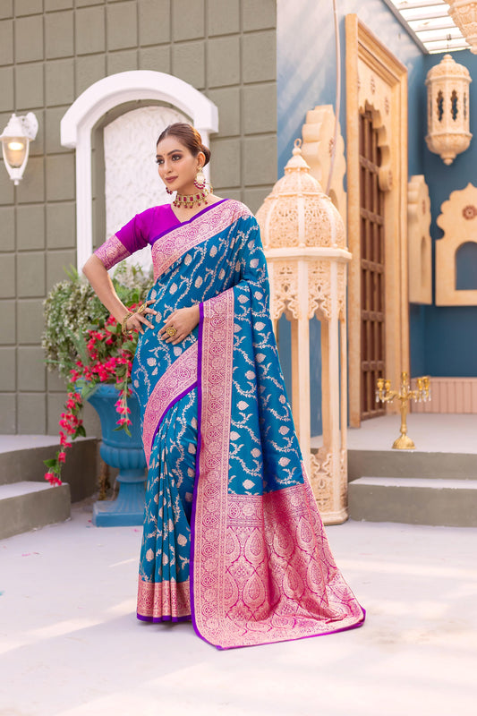Teal blue color  banarasi silk saree for women