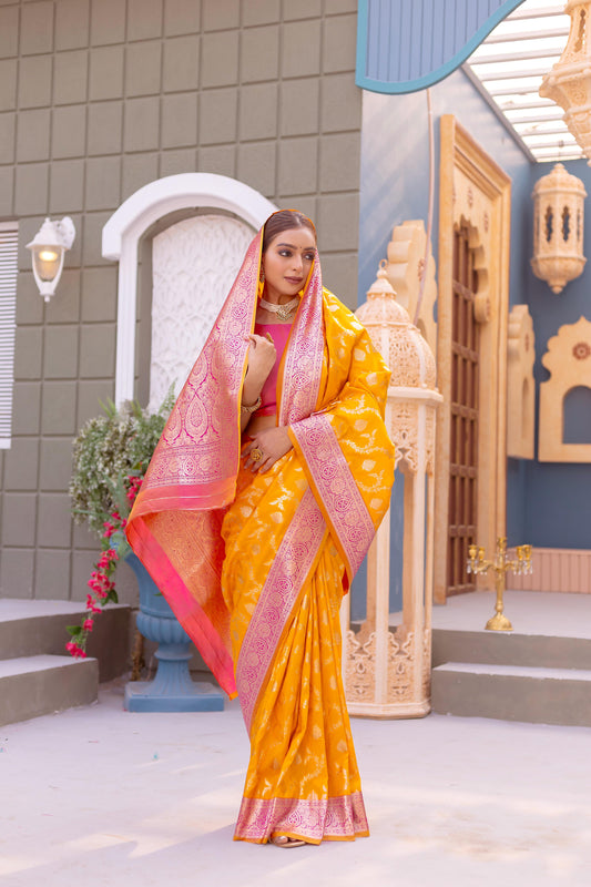 Yellow color banarasi silk saree for women