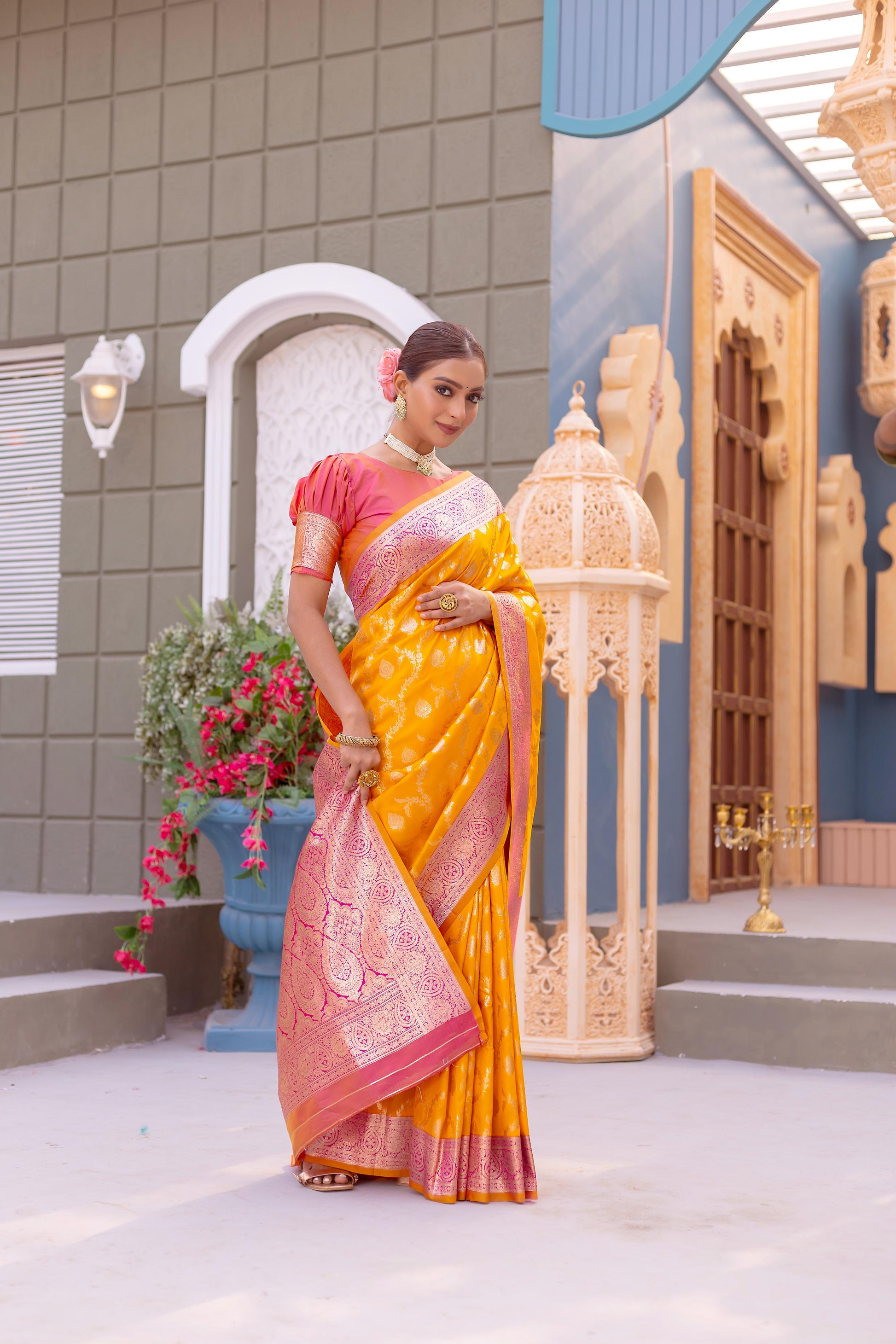 Yellow color Banarasi silk saree with blouse price