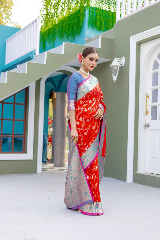 Red color banarasi silk saree for women images