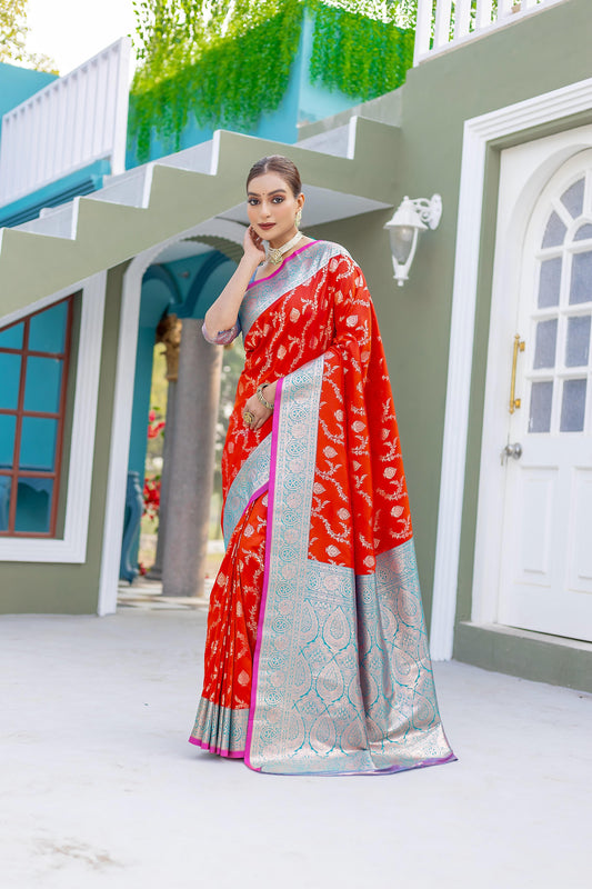 Red color banarasi silk saree for women