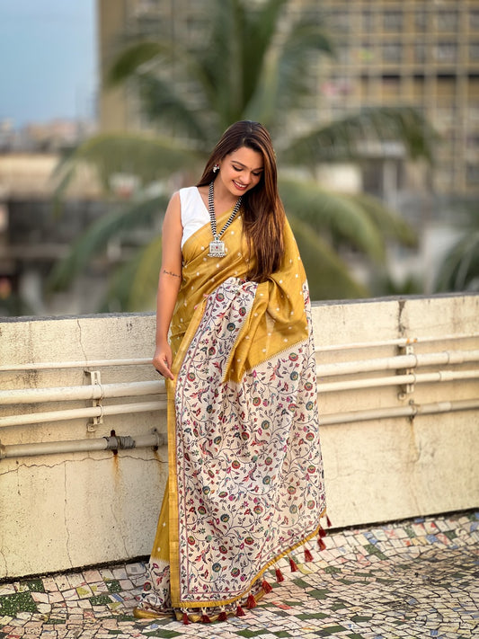 Beige color silk saree for women party wear
