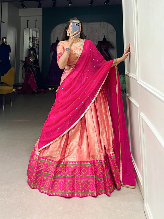 Peach color jacquard silk lehenga choli for women