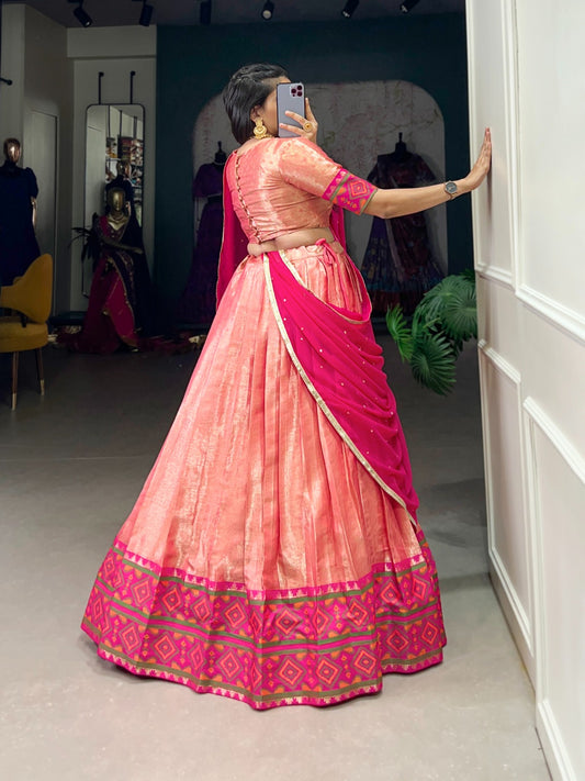 Peach color jacquard silk weaving lehenga choli images