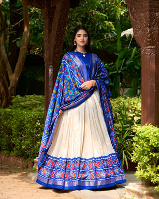 Blue tussar silk patola printed lehenga choli price
