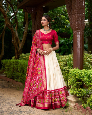 Red tussar silk patola printed lehenga choli with dupatta
