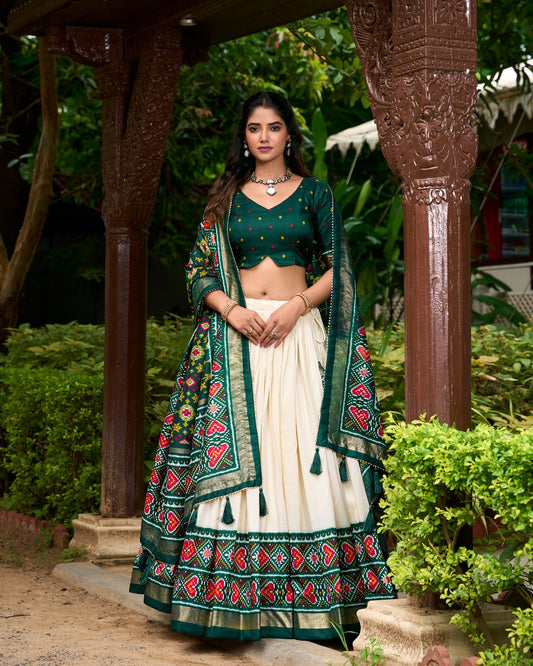 Green tussar silk printed lehenga choli