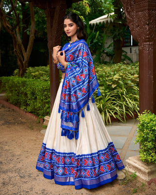 Blue tussar silk patola printed lehenga choli online shopping
