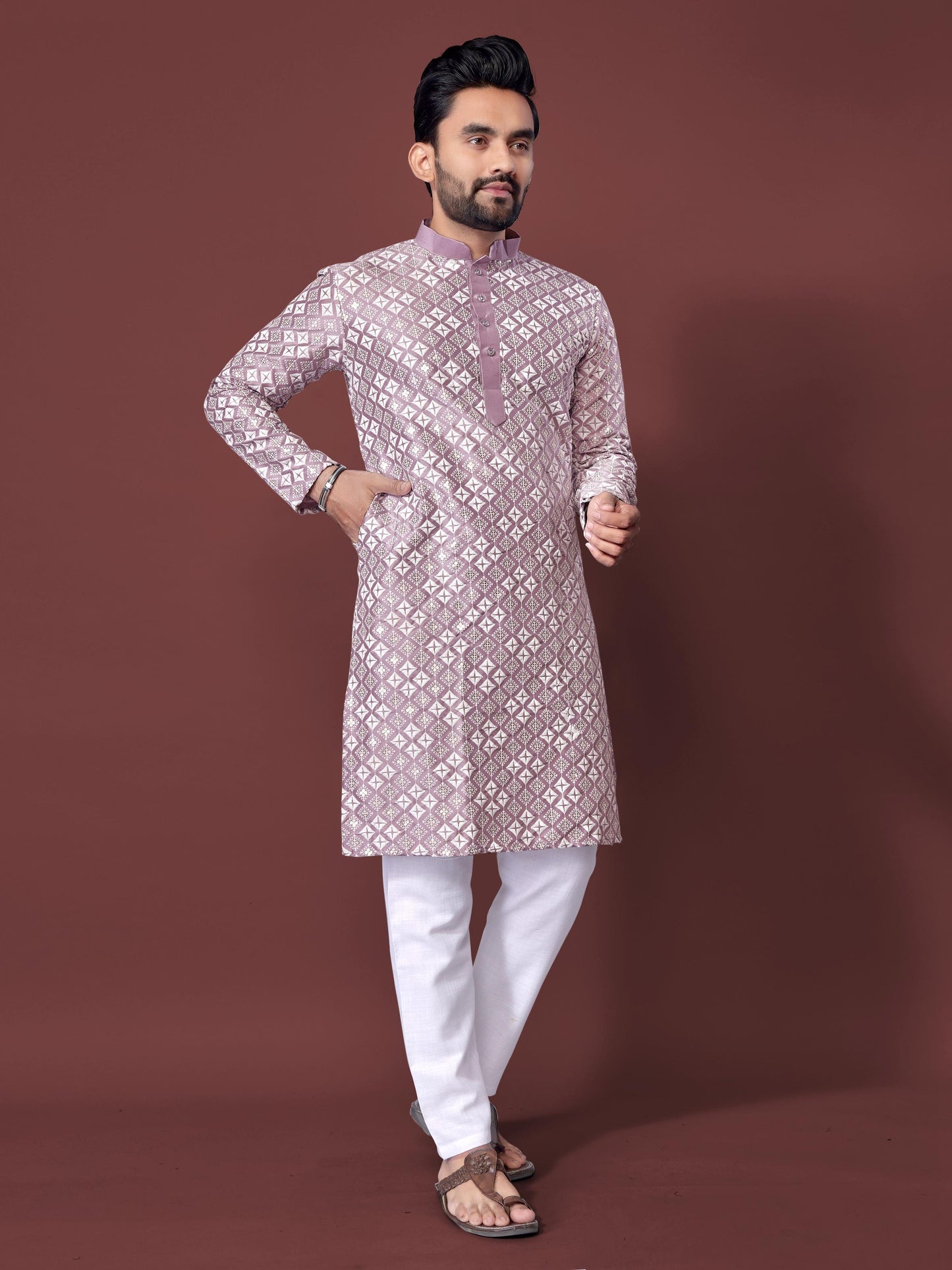 Pink color soft silk mens kurta 