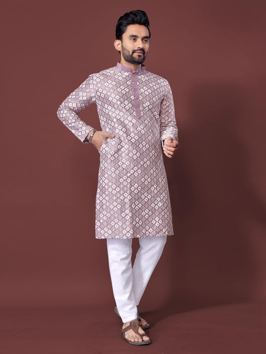 Pink color soft silk mens kurta 