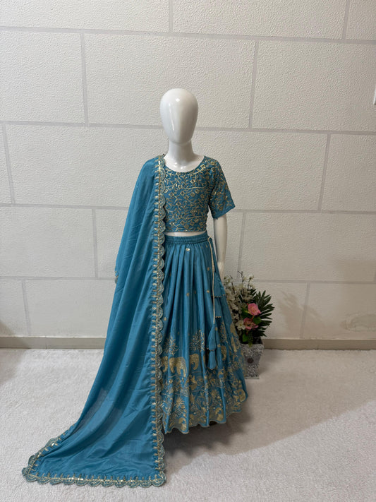 Rama color chinon silk lehenga with top for small girls online
