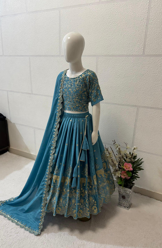 Rama color chinon silk lehenga with top for small girls images
