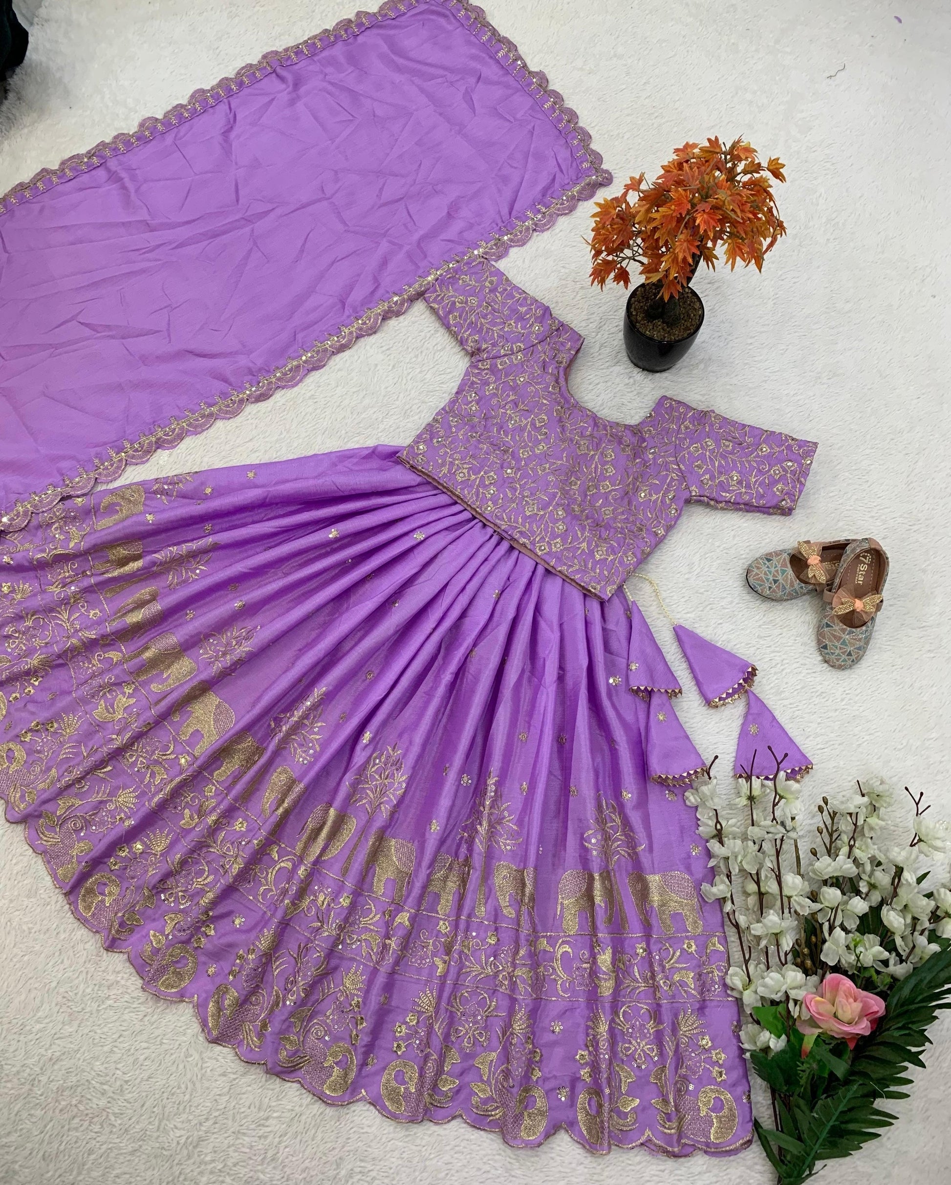 Lavender color chinon silk lehenga with top for small girls online shopping
