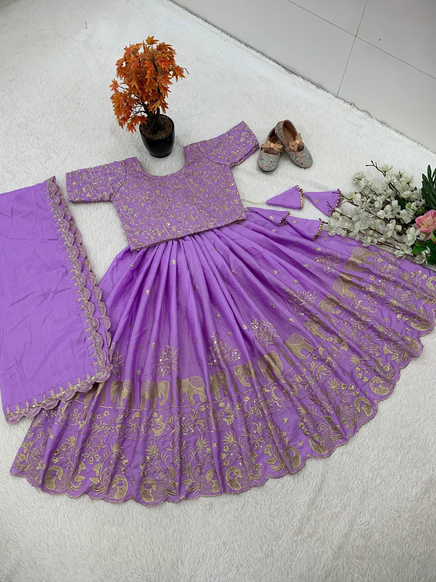 Lavender color chinon silk lehenga choli for small girls design
