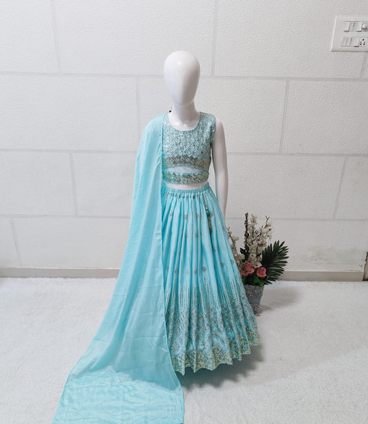 Sky color chinon silk lehenga choli for small girls price
