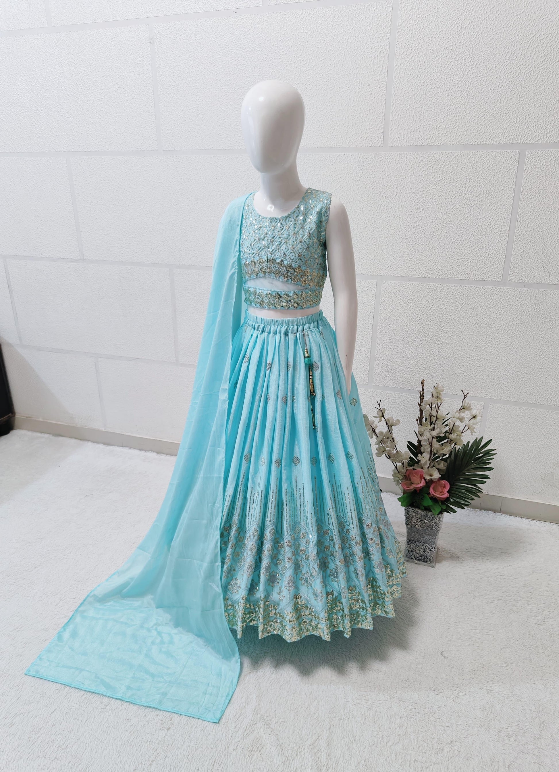 Sky color chinon silk lehenga choli for small girls images