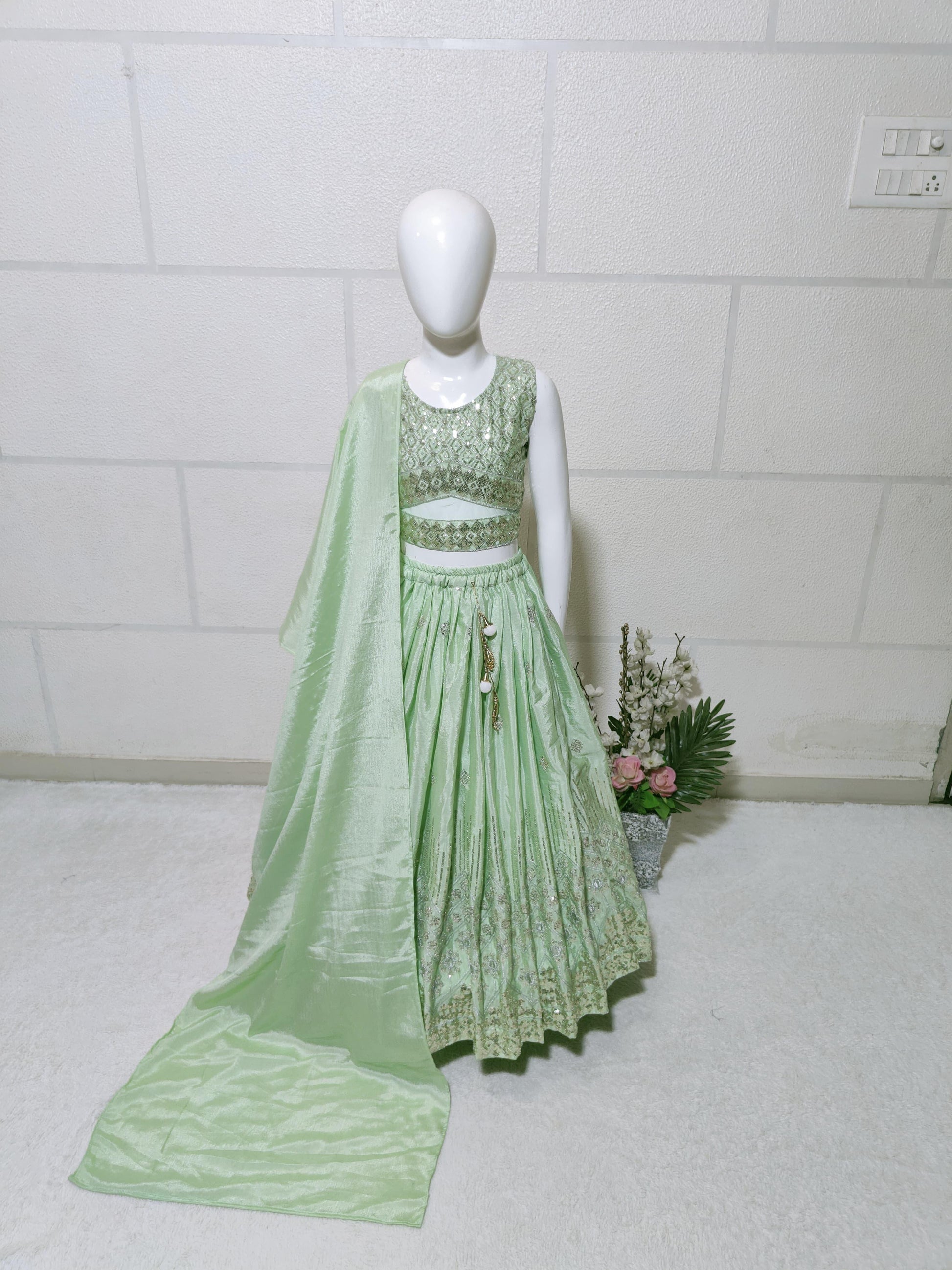 Pista color chinon silk lehenga choli for small girls price
